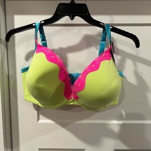 Cacique Neon Green Bra with Pink Lace